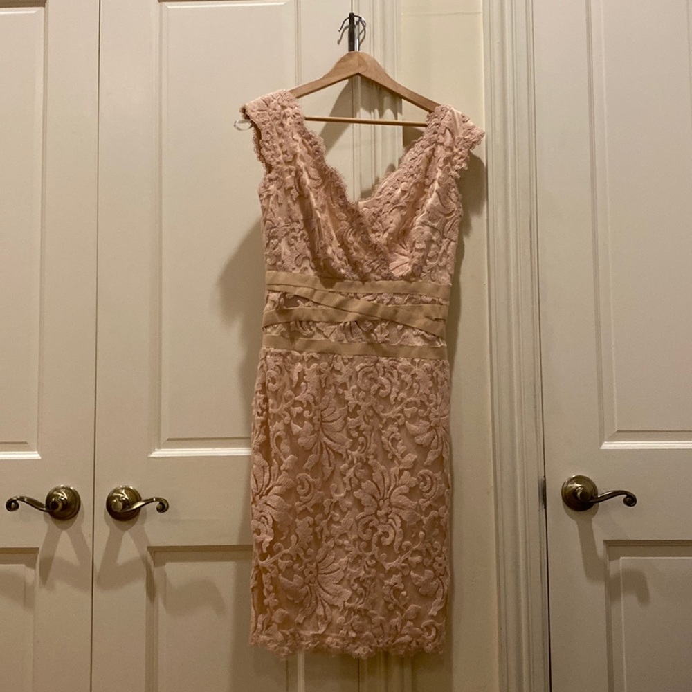 Tadashi Shoji embroidered lace v-neck dress with ribbon detail, size 8